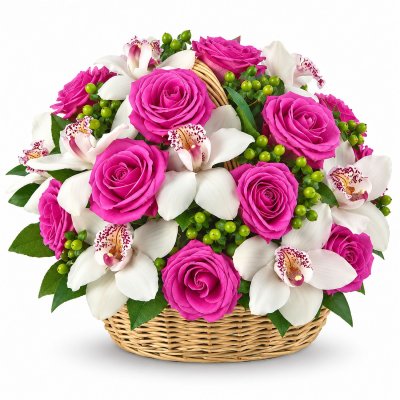 Rosen und Orchideen in einem Korb