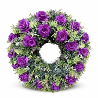 Trvanlivý smuteční věnec s fialovými růžemi