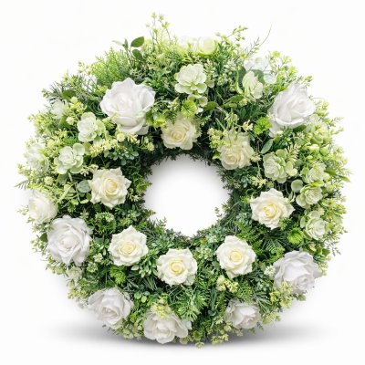 Smuteční věnec v bílo-zeleném provedení s růžemi
