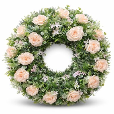 Smuteční věnec v jemných broskvových tónech s růžemi