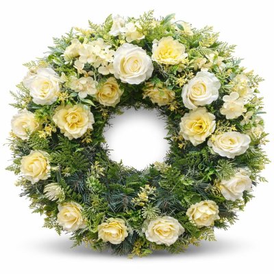 Smuteční věnec ve světlých krémových tónech s růžemi