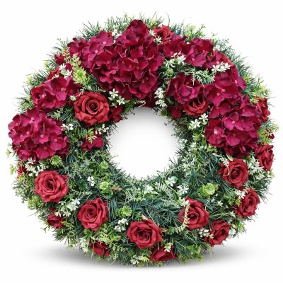 Smuteční věnec ve vínových tónech s růžemi a hortenziemi