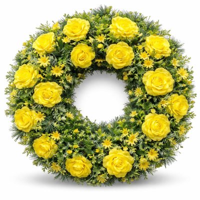 Smuteční věnec ve žlutých tónech s růžemi