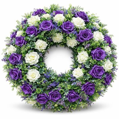 Smuteční věnec ve fialovo-bílém ladění s růžemi