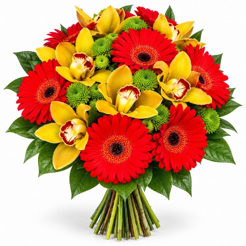 Strauß aus roten Gerbera und Orchideen