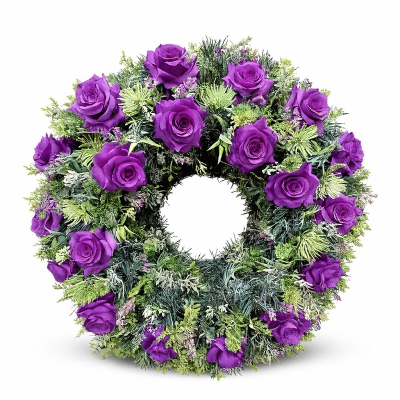 Trvanlivý smuteční věnec s fialovými růžemi