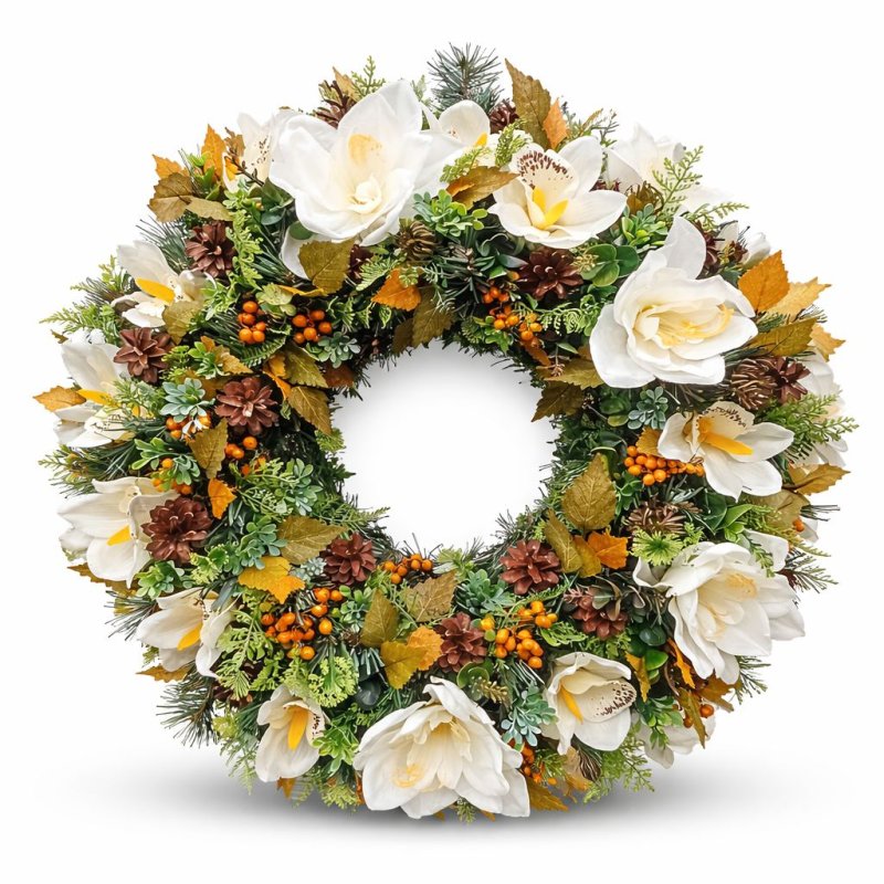 Trvanlivý smuteční věnec s bílými květy