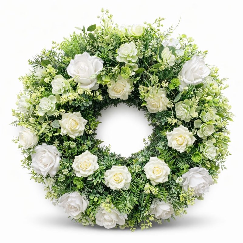 Smuteční věnec v bílo-zeleném provedení s růžemi