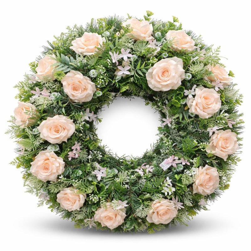 Smuteční věnec v jemných broskvových tónech s růžemi