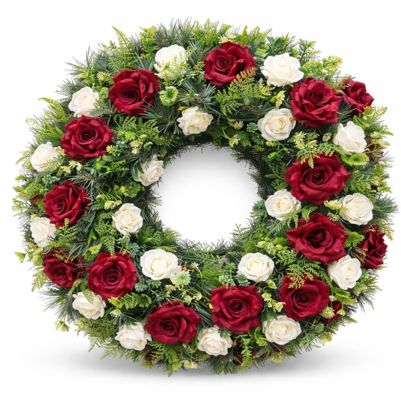 Smuteční věnec v červeno-bílém provedení s růžemi