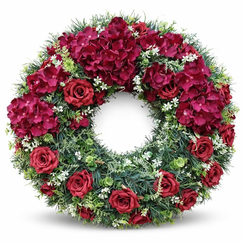 Smuteční věnec ve vínových tónech s růžemi a hortenziemi